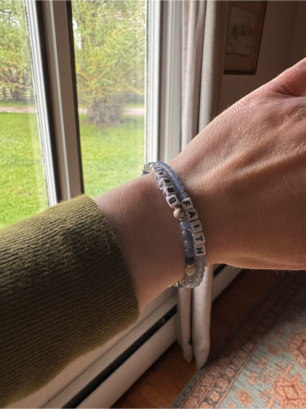 Faith Beaded Stretch Bracelet Set - Light Blue and White